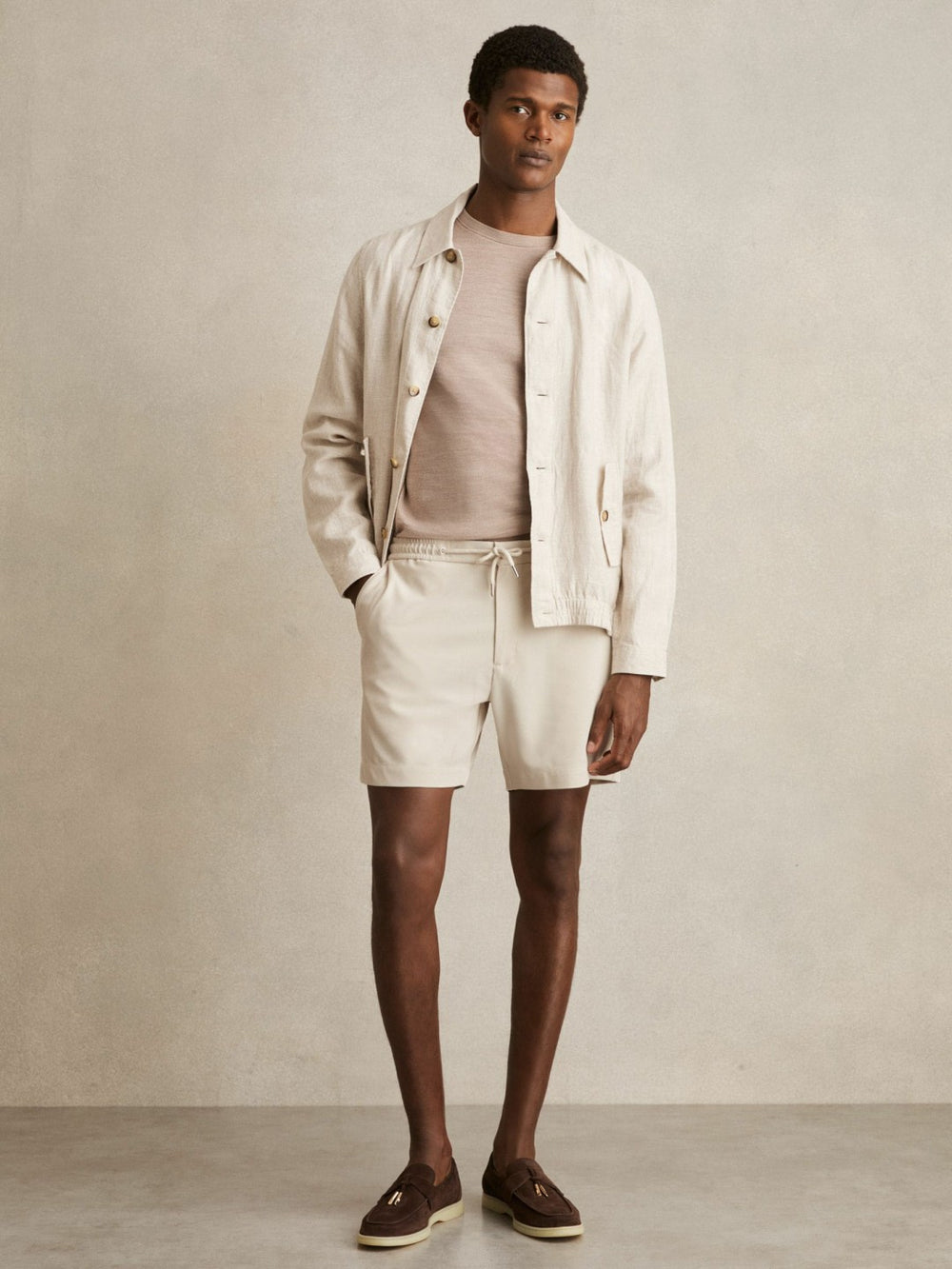 Reiss | Textured Drawstring Shorts in Stone