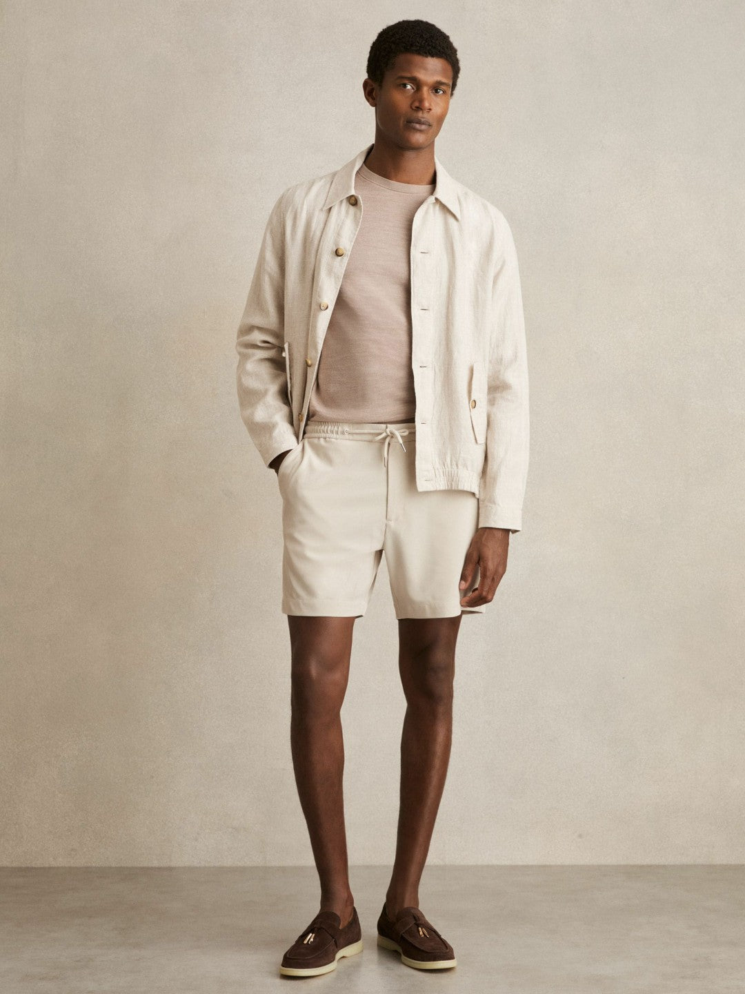 Reiss | Textured Drawstring Shorts in Stone
