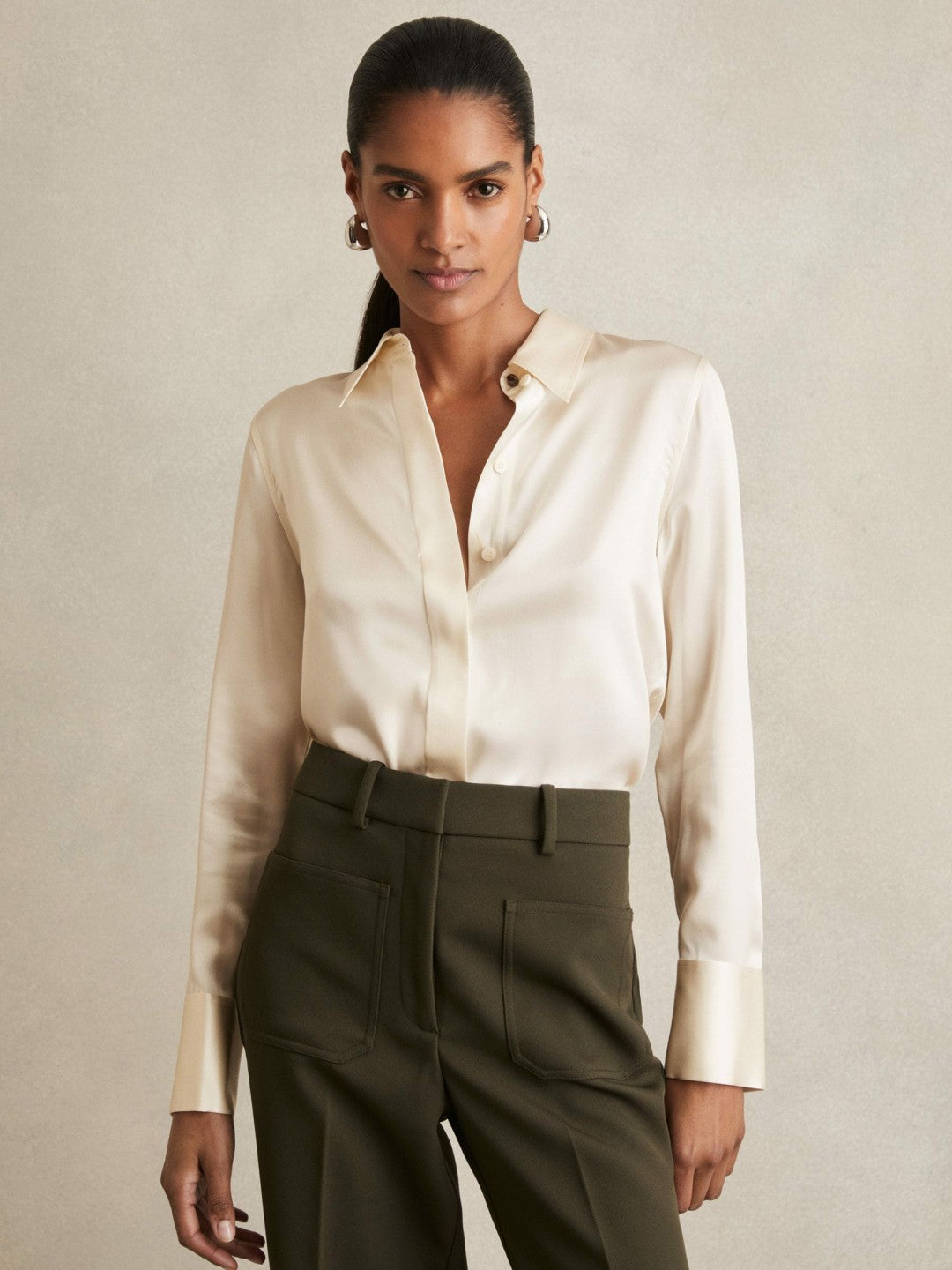 Reiss | Silk-Satin Concealed-Placket Shirt in Ivory