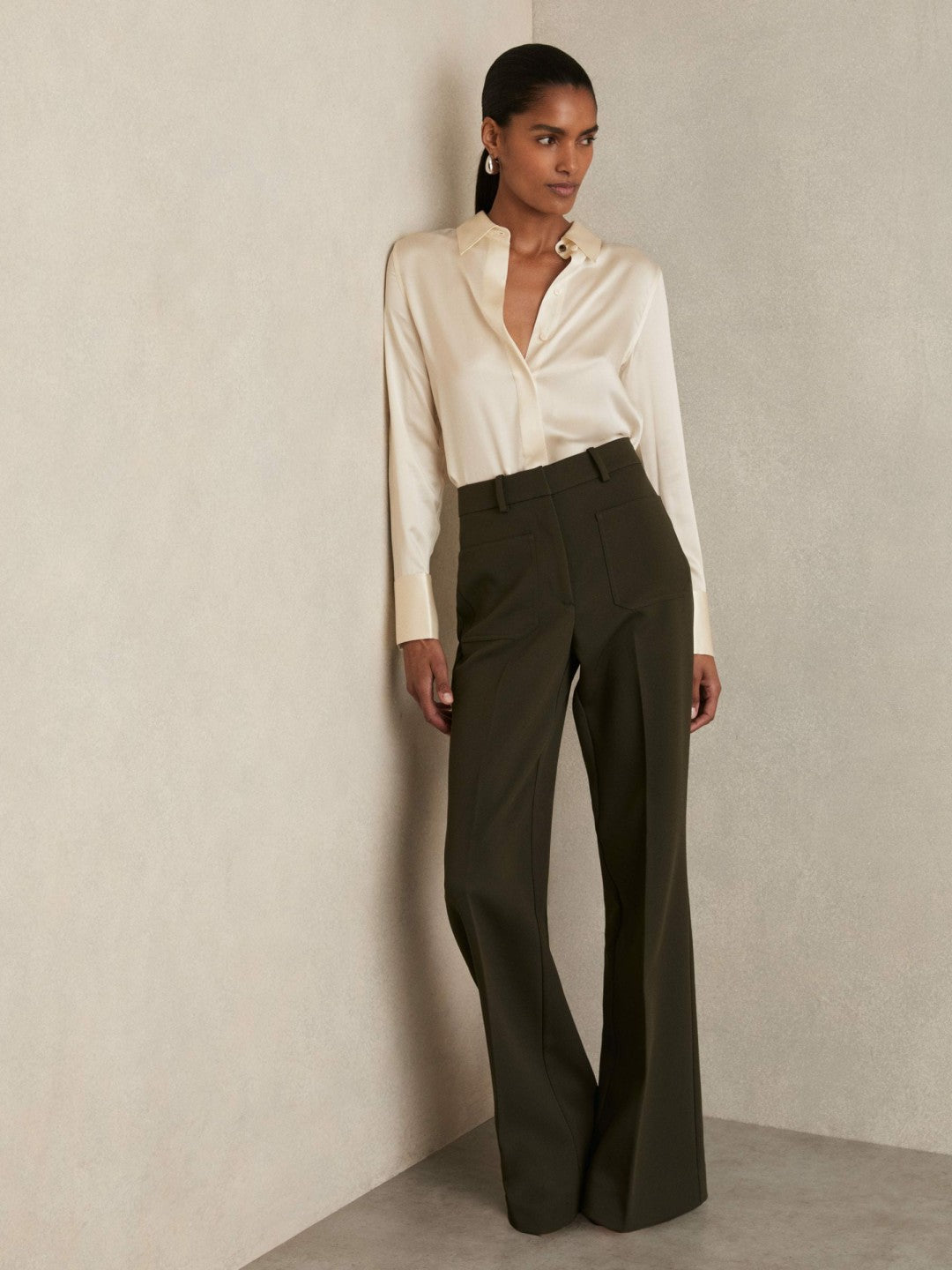 Reiss | Silk-Satin Concealed-Placket Shirt in Ivory