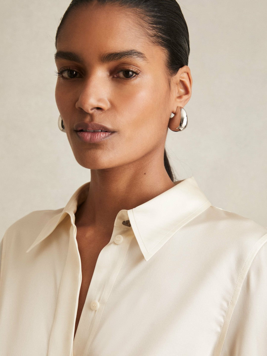 Reiss | Silk-Satin Concealed-Placket Shirt in Ivory