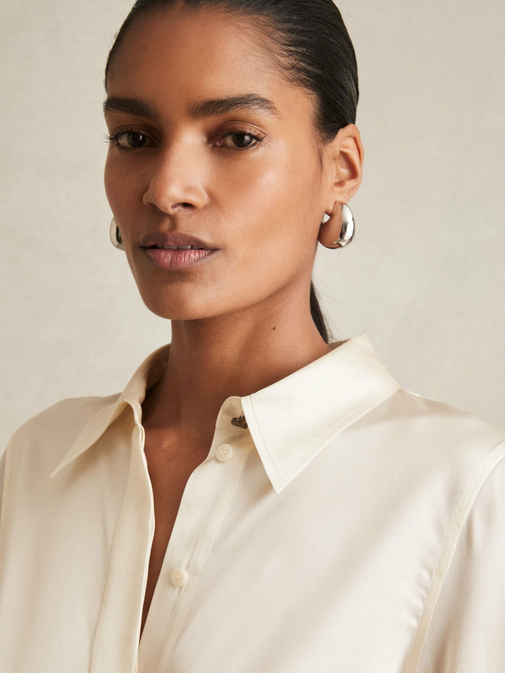 Reiss | Silk-Satin Concealed-Placket Shirt in Ivory