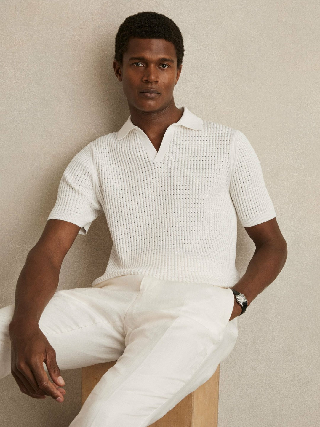 Reiss | Micro-Cable Open-Collar Cotton-Blend Shirt in White