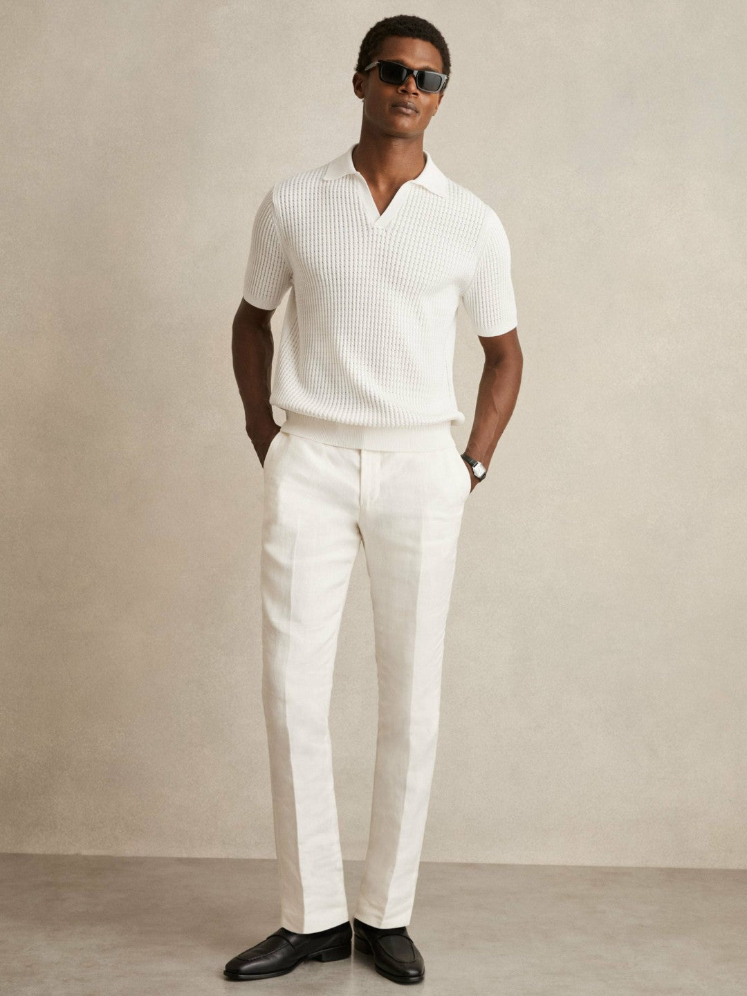 Reiss | Micro-Cable Open-Collar Cotton-Blend Shirt in White
