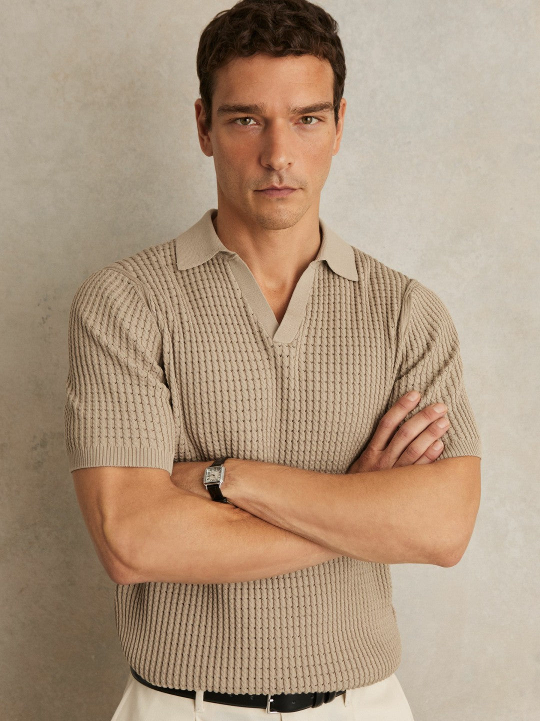 Reiss | Micro-Cable Open-Collar Cotton-Blend Shirt in Light Camel Brown
