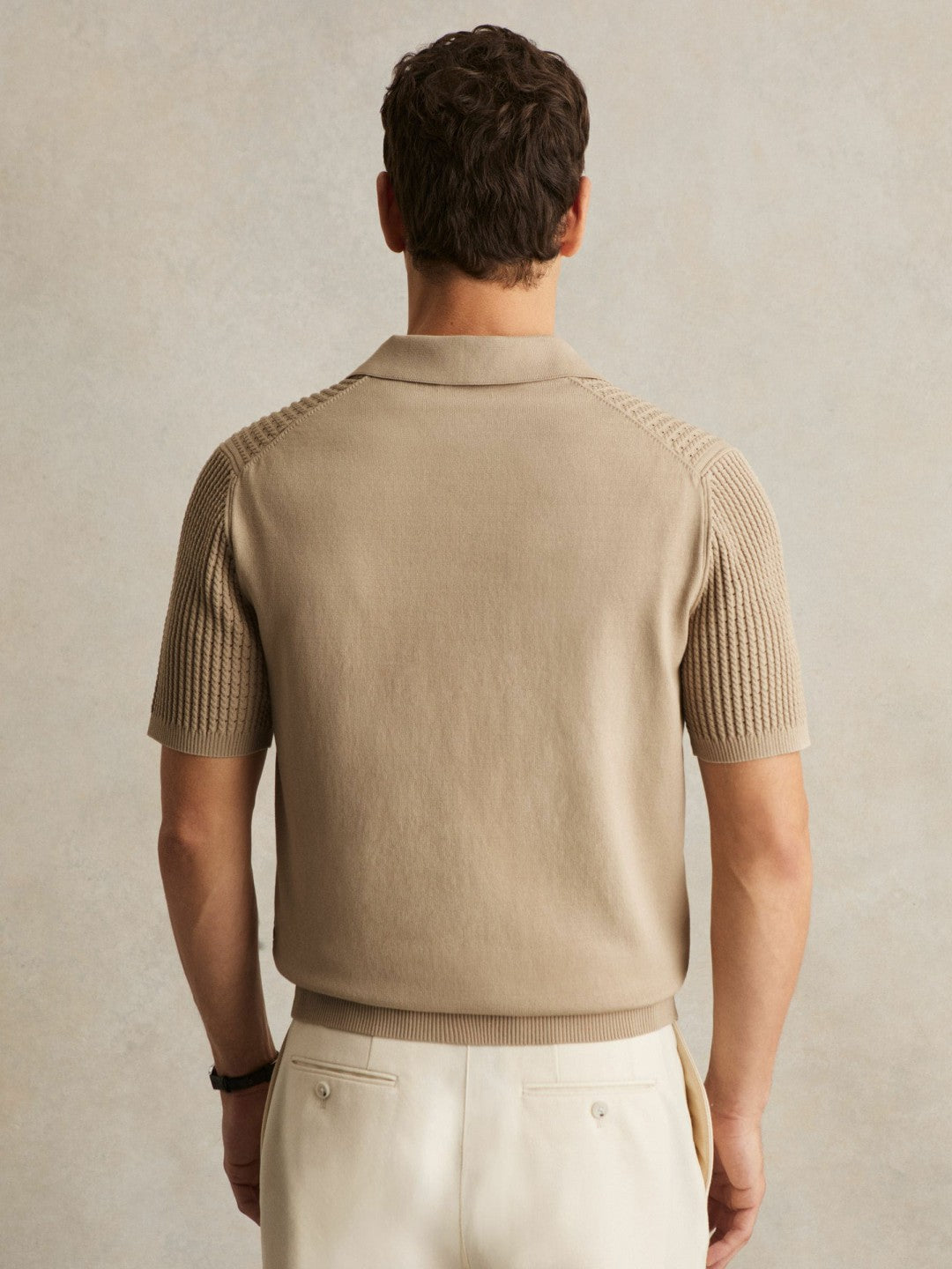 Reiss | Micro-Cable Open-Collar Cotton-Blend Shirt in Light Camel Brown