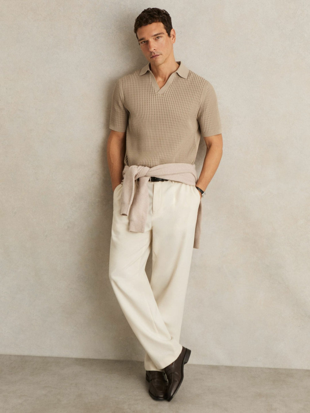 Reiss | Micro-Cable Open-Collar Cotton-Blend Shirt in Light Camel Brown