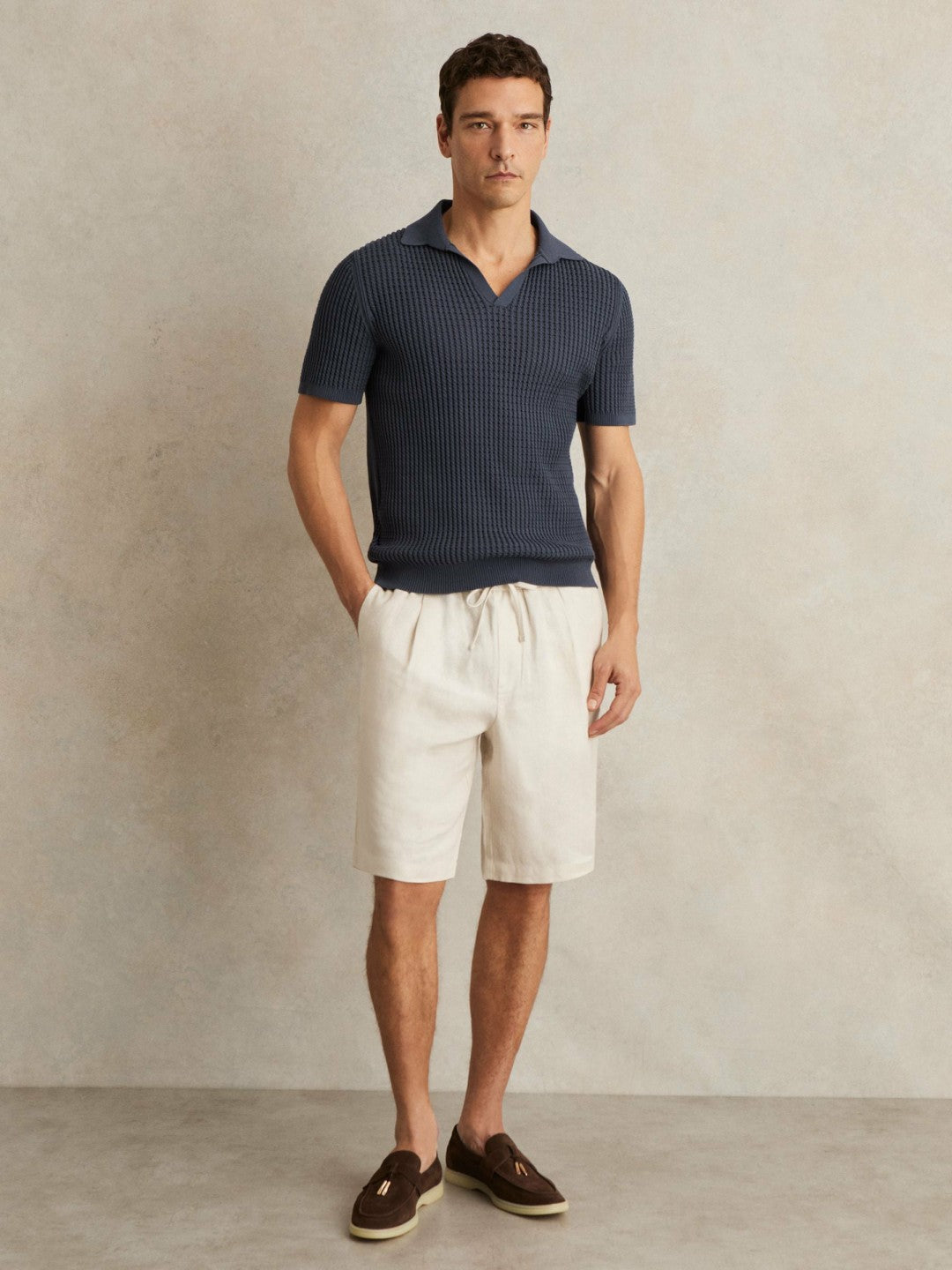 Reiss | Micro-Cable Open-Collar Cotton-Blend Shirt in Dark Airforce Blue