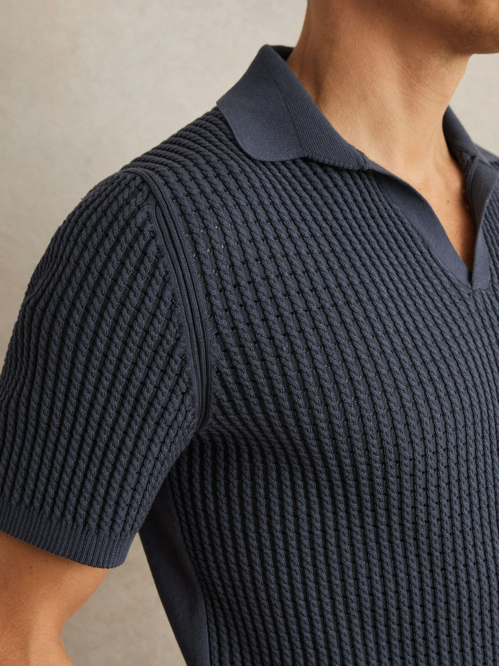 Reiss | Micro-Cable Open-Collar Cotton-Blend Shirt in Dark Airforce Blue