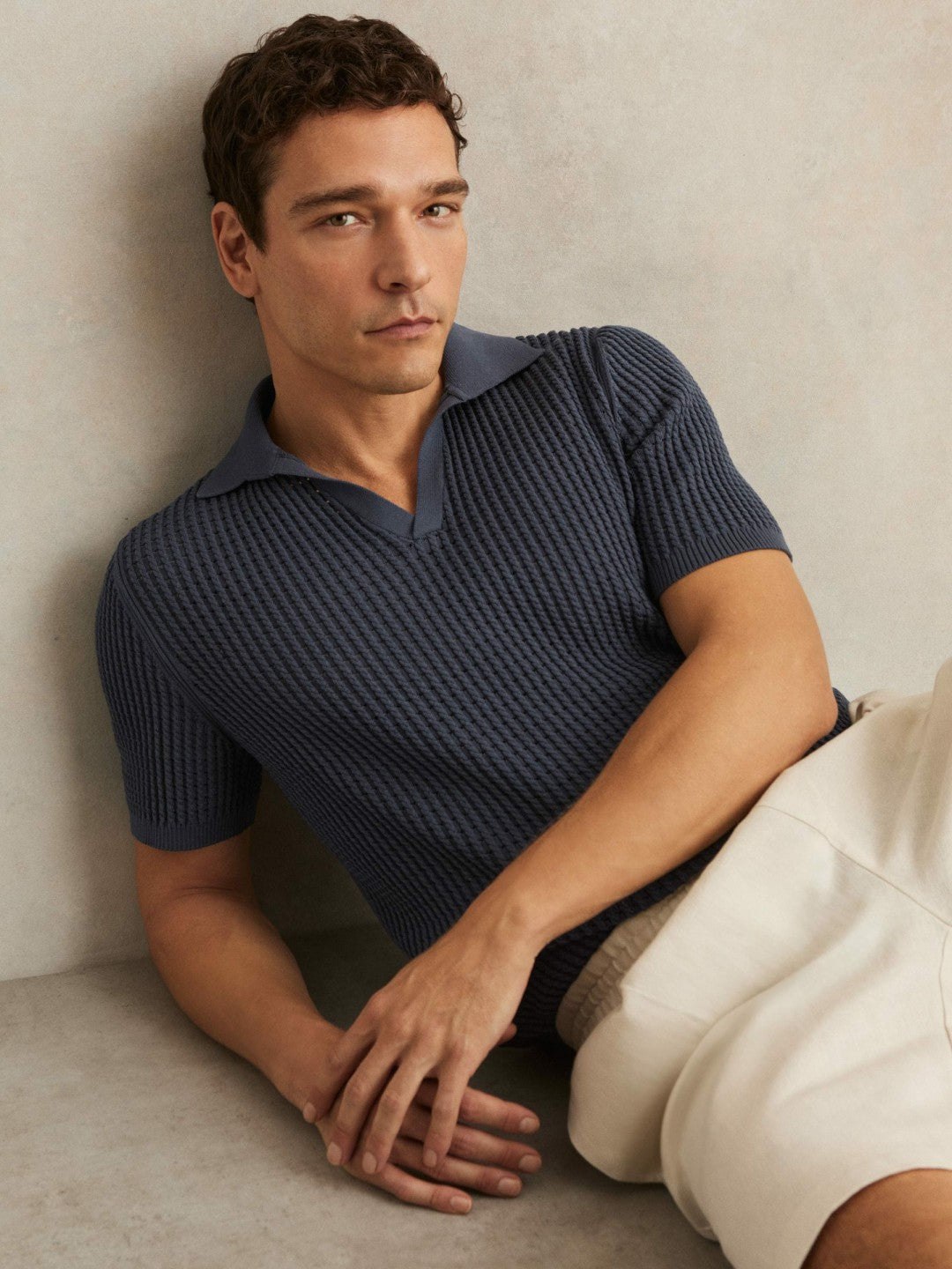 Reiss | Micro-Cable Open-Collar Cotton-Blend Shirt in Dark Airforce Blue