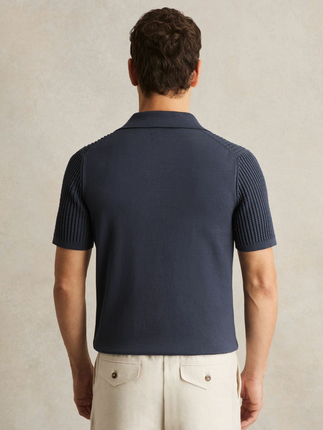 Reiss | Micro-Cable Open-Collar Cotton-Blend Shirt in Dark Airforce Blue