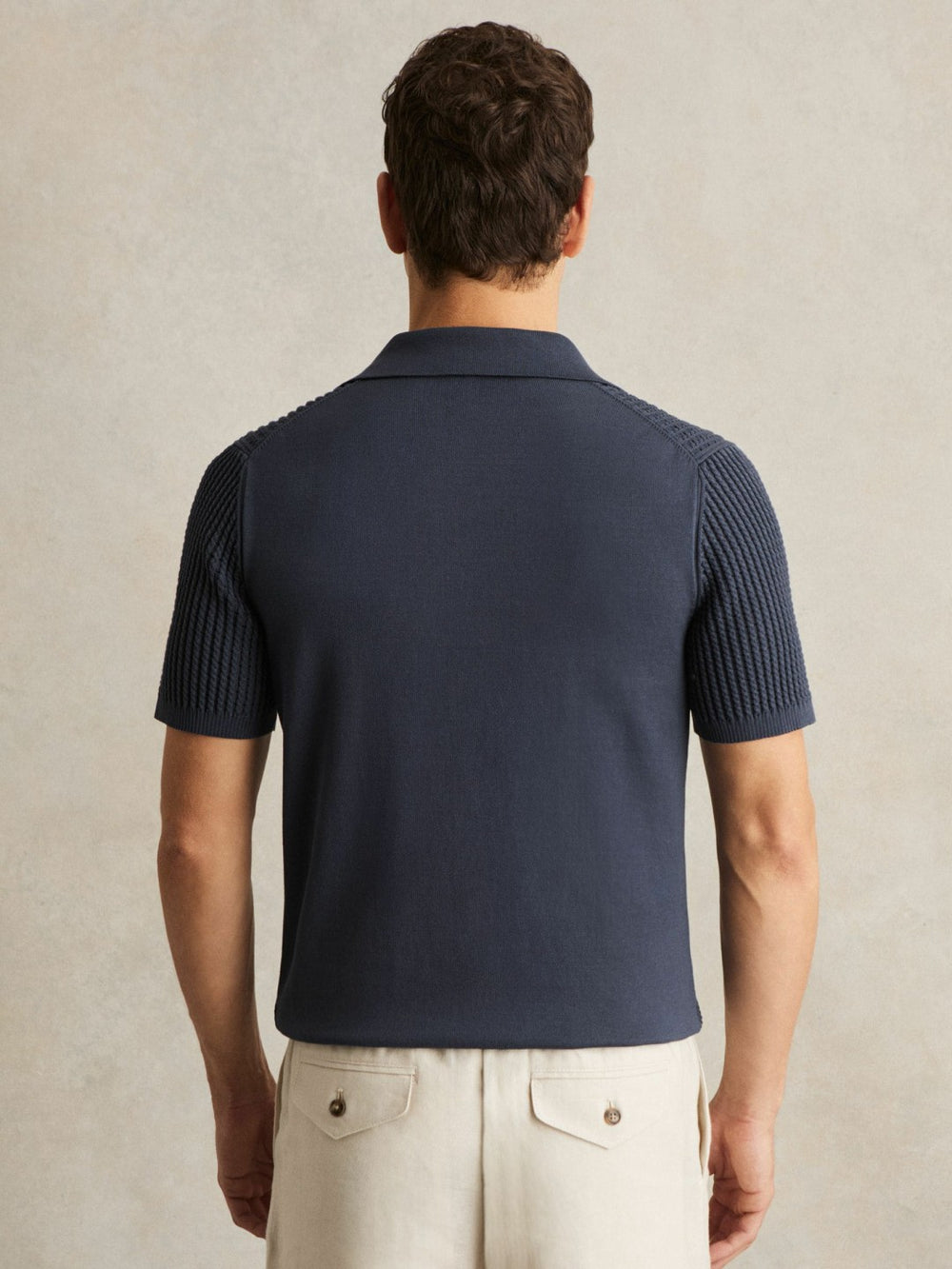 Reiss | Micro-Cable Open-Collar Cotton-Blend Shirt in Dark Airforce Blue