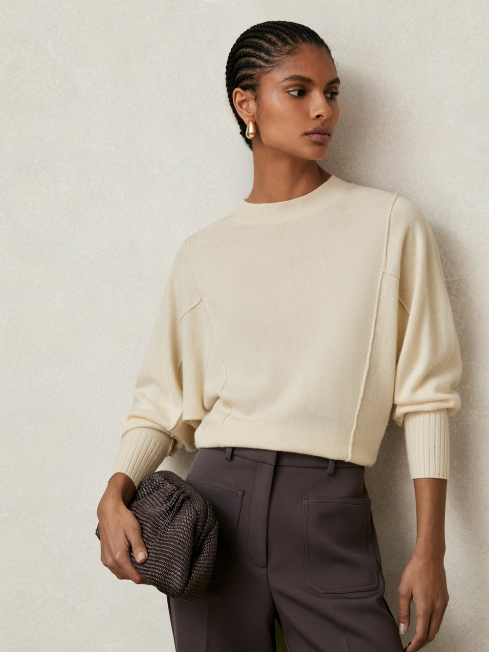 Reiss | Wool-Blend Reverse-Seam Batwing Jumper With Cashmere in Cream