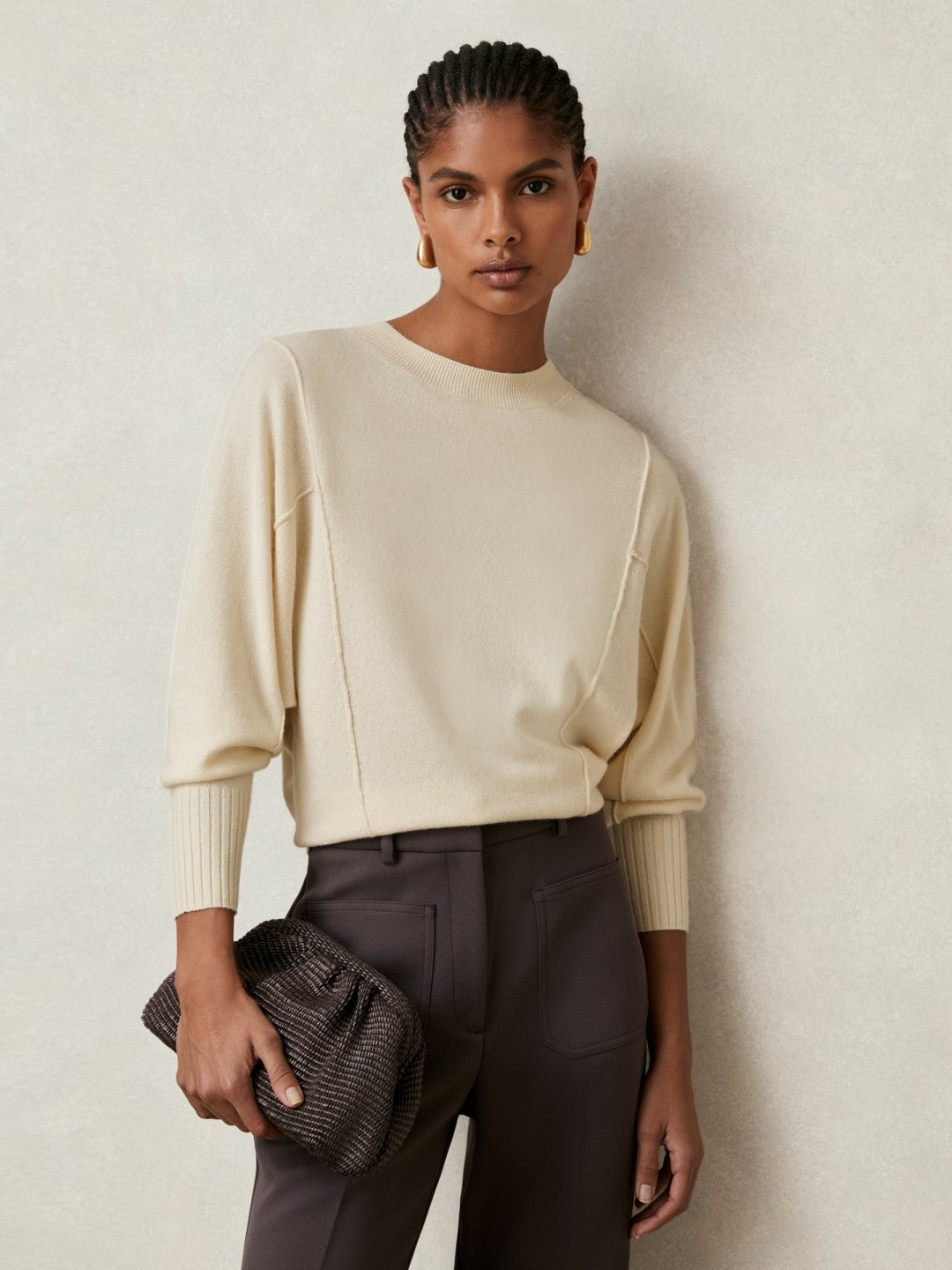 Reiss | Wool-Blend Reverse-Seam Batwing Jumper With Cashmere in Cream