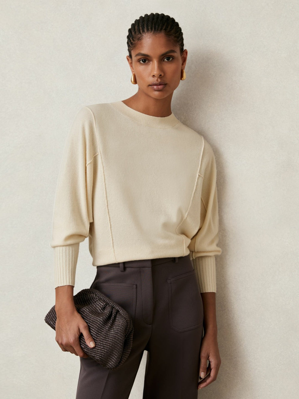 Reiss | Wool-Blend Reverse-Seam Batwing Jumper With Cashmere in Cream