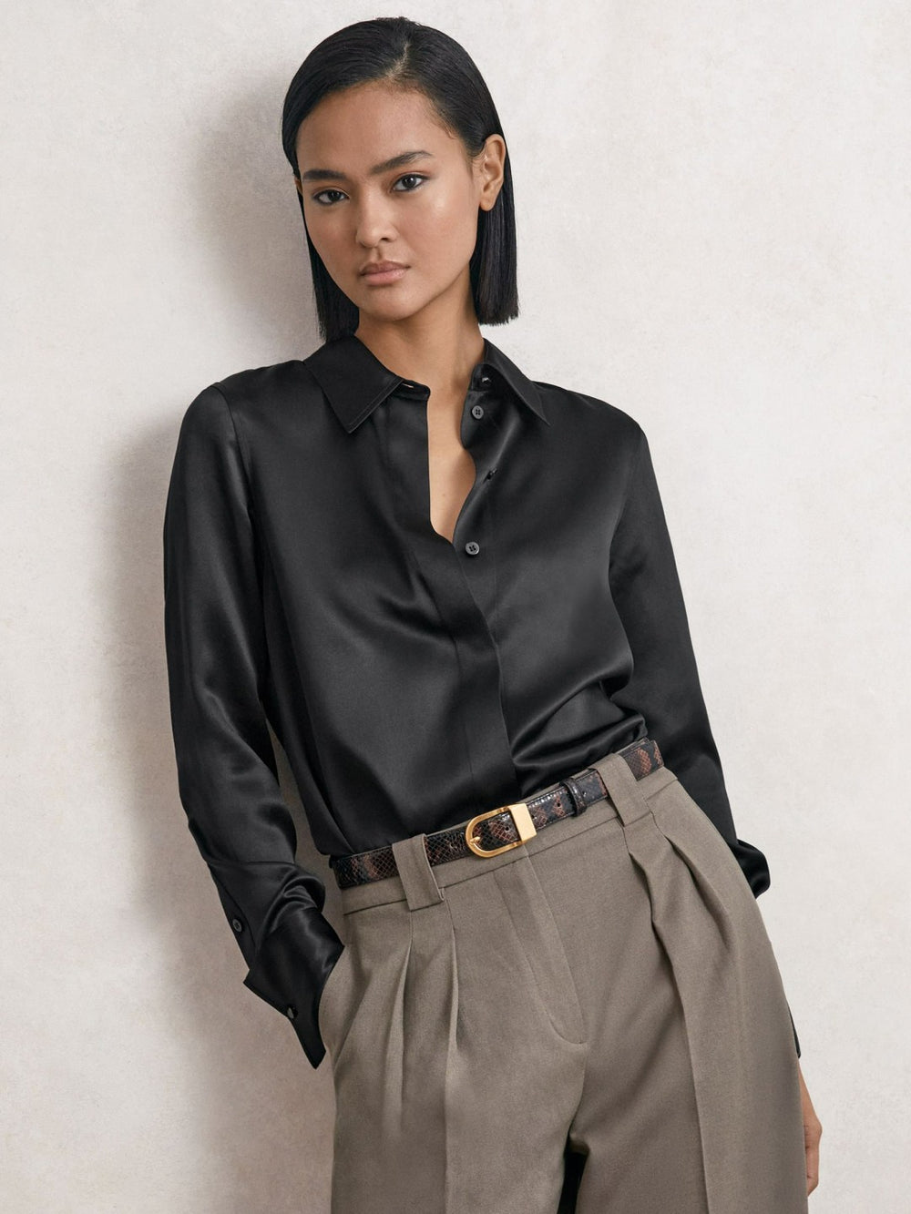 Reiss | Silk-Satin Concealed-Placket Shirt in Black