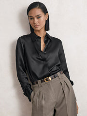 Reiss | Silk-Satin Concealed-Placket Shirt in Black