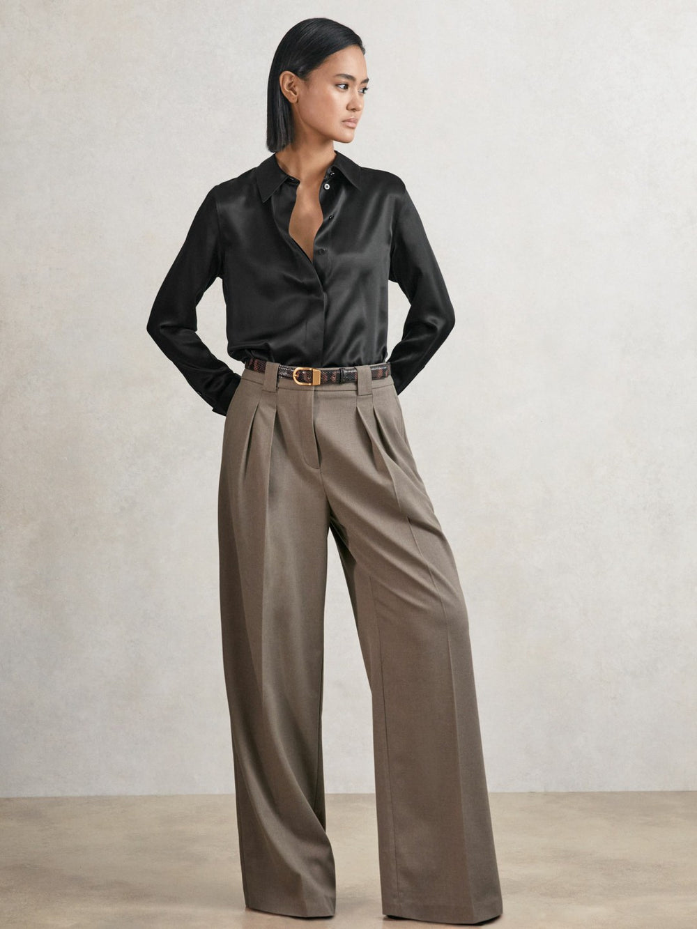 Reiss | Silk-Satin Concealed-Placket Shirt in Black