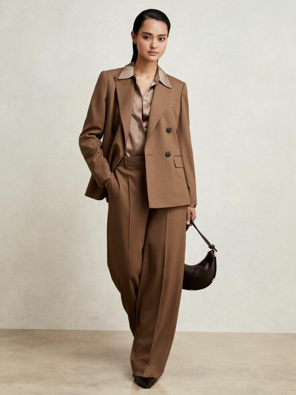 Reiss | Petite Wool-Blend Wide-Leg Suit Trousers in Tan