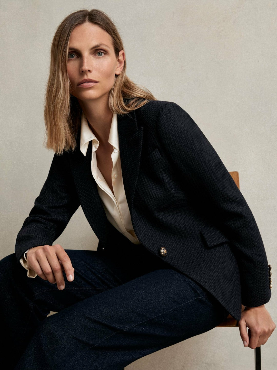 Reiss | Single-Breasted Textured Blazer Wool-Blend in Navy