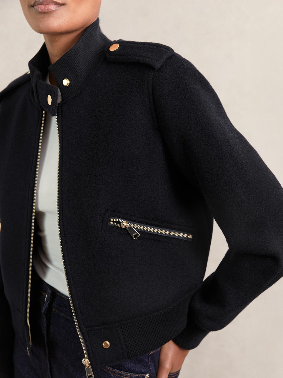 Reiss | Brushed Wool Epaulette Bomber Jacket in Navy