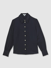 Reiss | Silk Embossed-Button Shirt in Navy