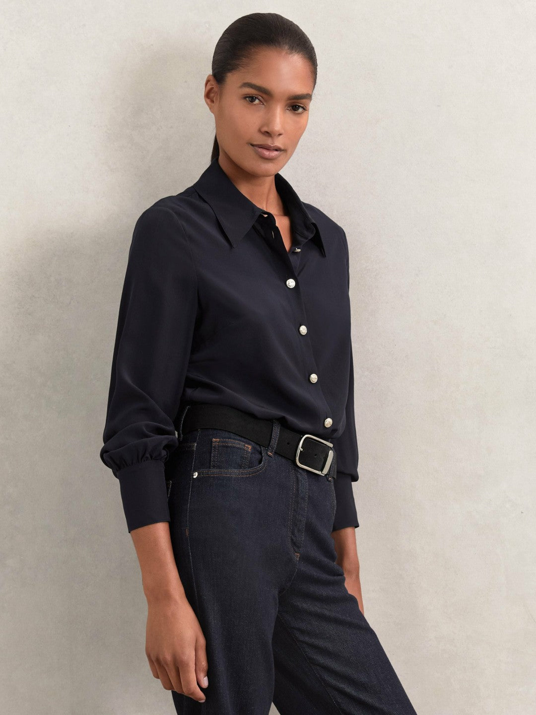 Reiss | Silk Embossed-Button Shirt in Navy