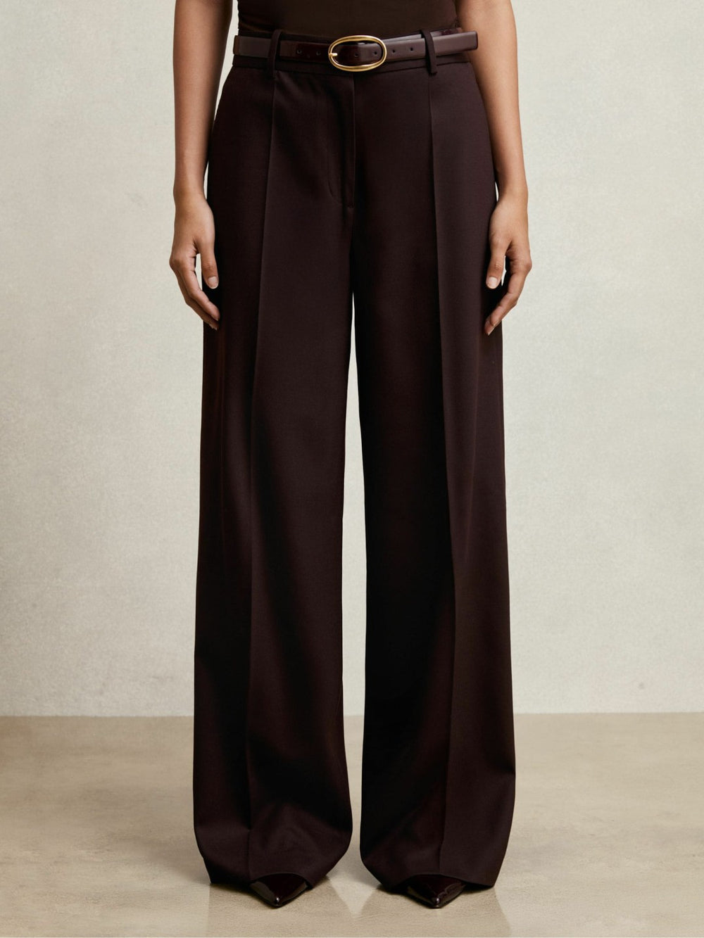 Reiss | Wool-Blend Wide-Leg Suit Trousers in Aubergine