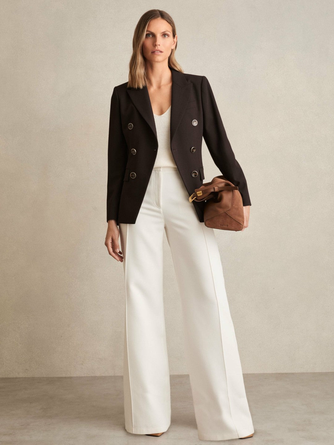 Reiss | Petite Wool-Blend Double-Breasted Blazer in Chocolate Brown