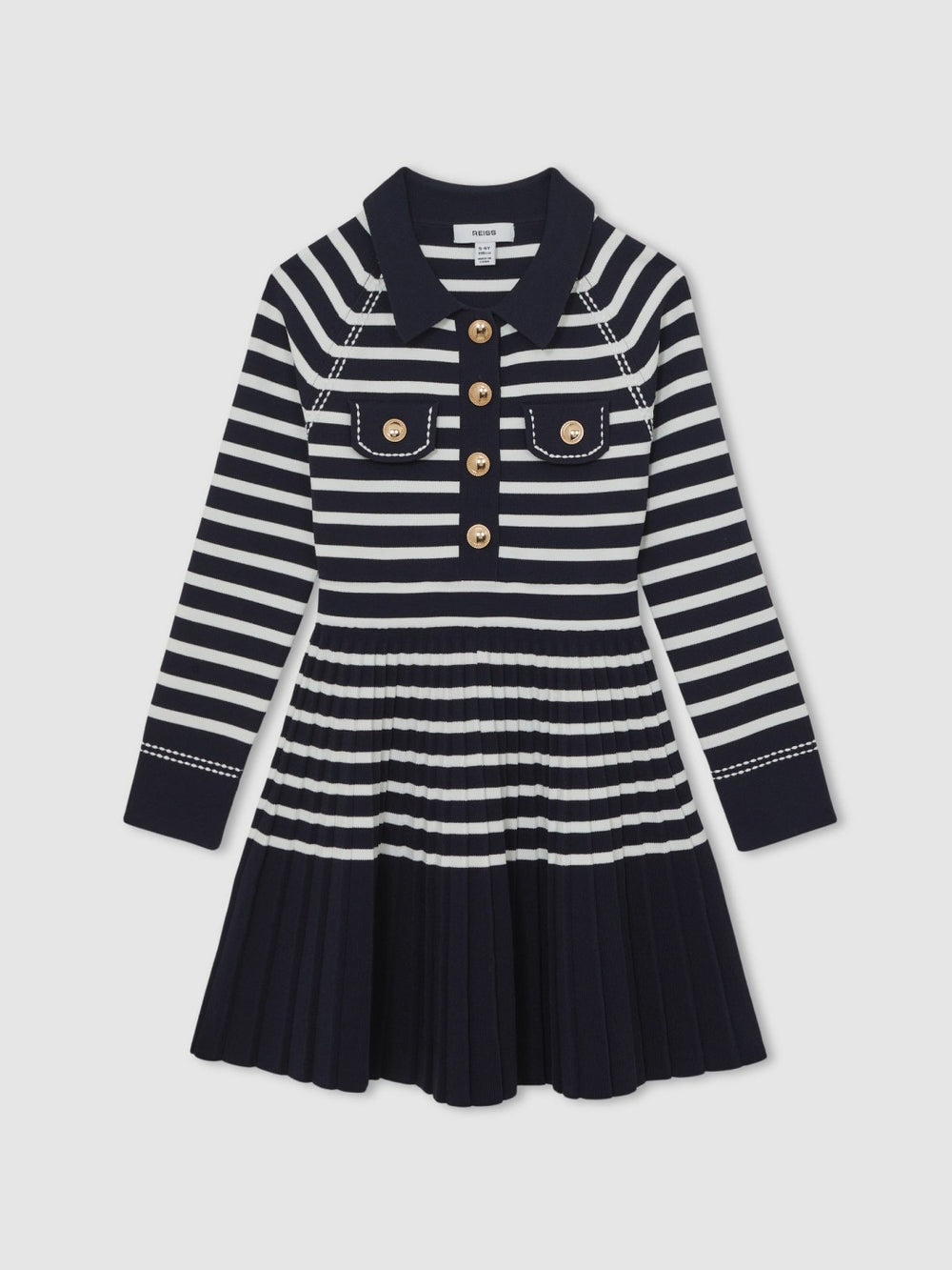 Reiss | 9-13 yrs Button-Detail Stripe Knitted Dress in Navy/White
