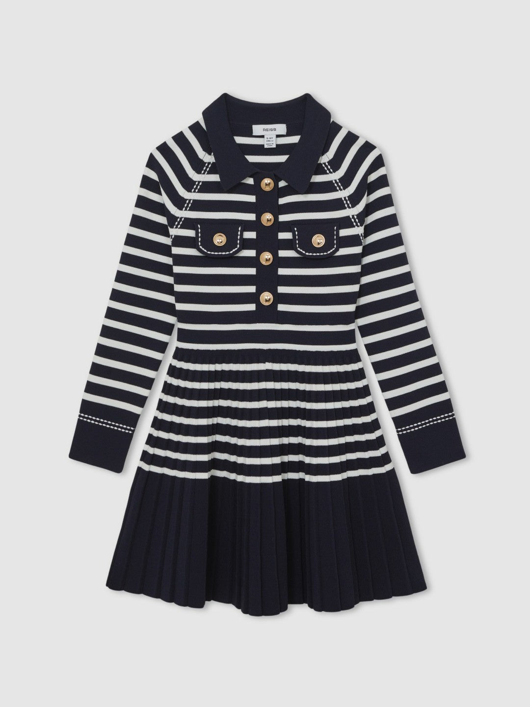 Reiss | 9-13 yrs Button-Detail Stripe Knitted Dress in Navy/White