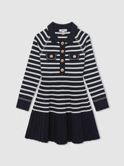 Reiss | 9-13 yrs Button-Detail Stripe Knitted Dress in Navy/White