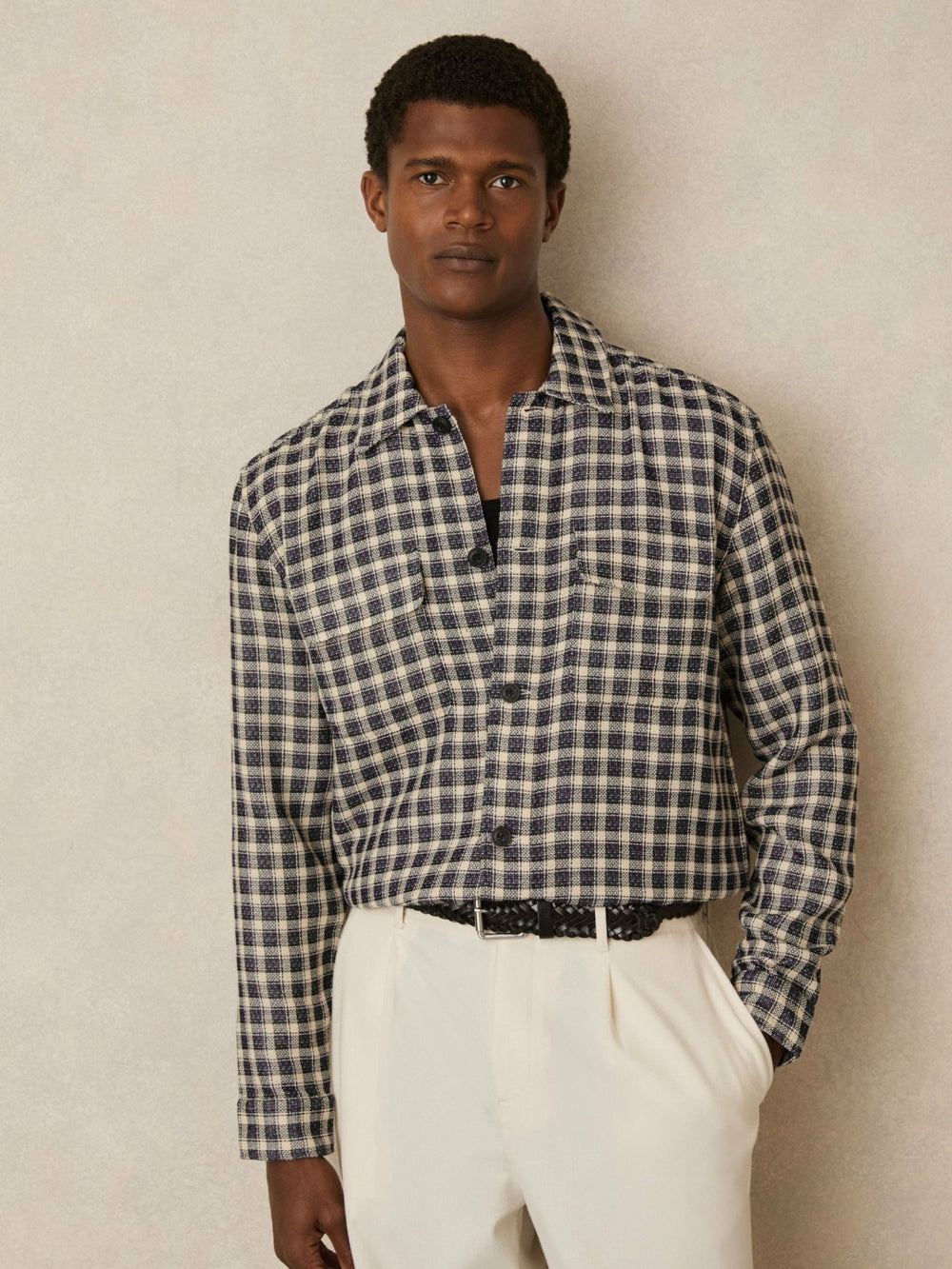 Reiss | Woven Check Twin Pocket Overshirt in Navy/White
