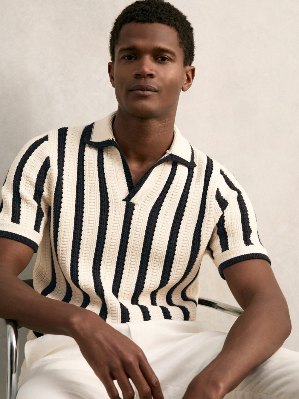 Reiss | Cotton Blend Stripe Knit Polo Shirt in Off White/Navy