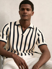 Reiss | Cotton Blend Stripe Knit Polo Shirt in Off White/Navy