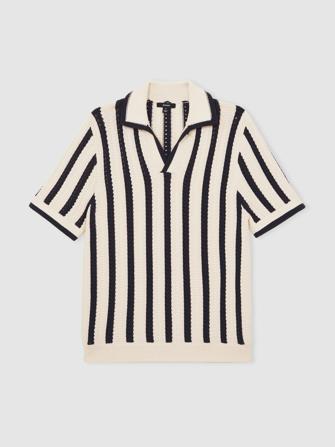 Reiss | Cotton Blend Stripe Knit Polo Shirt in Off White/Navy