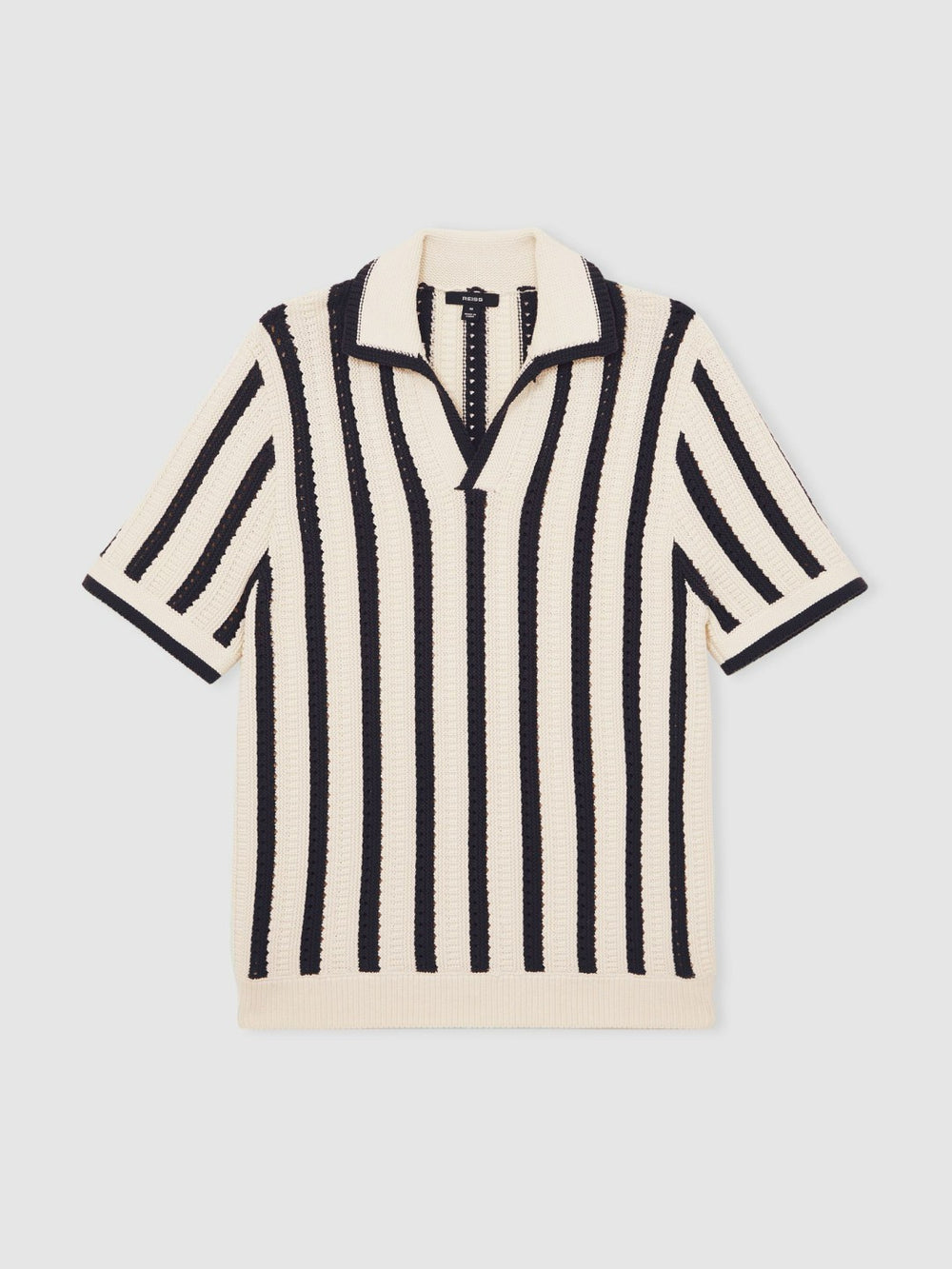 Reiss | Cotton Blend Stripe Knit Polo Shirt in Off White/Navy