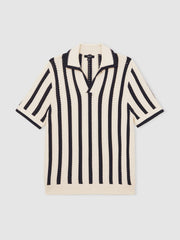 Reiss | Cotton Blend Stripe Knit Polo Shirt in Off White/Navy