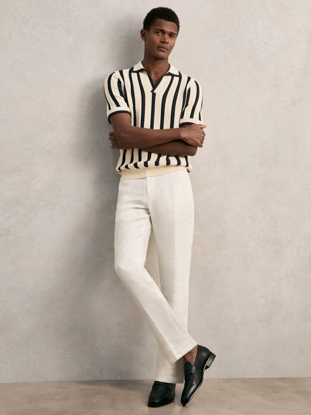 Reiss | Cotton Blend Stripe Knit Polo Shirt in Off White/Navy