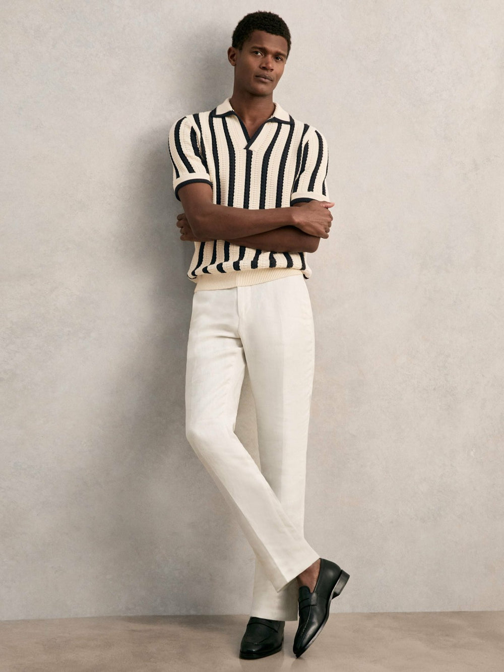 Reiss | Cotton Blend Stripe Knit Polo Shirt in Off White/Navy