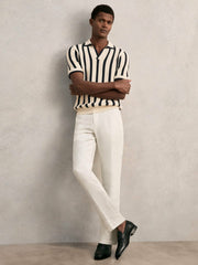 Reiss | Cotton Blend Stripe Knit Polo Shirt in Off White/Navy