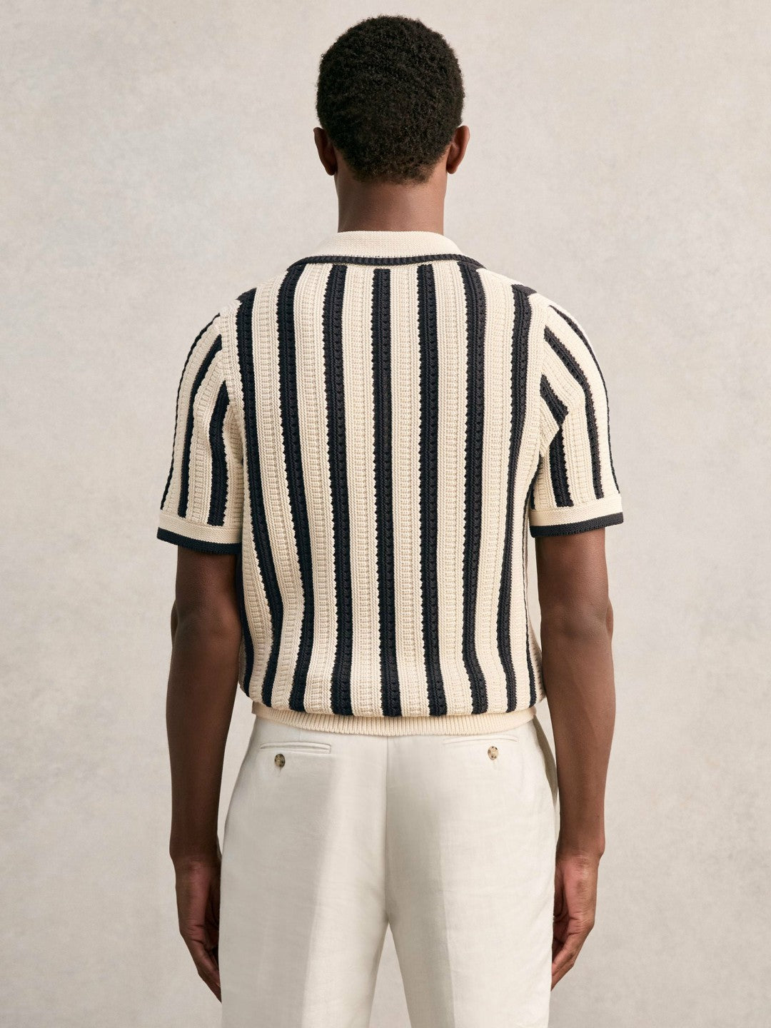 Reiss | Cotton Blend Stripe Knit Polo Shirt in Off White/Navy