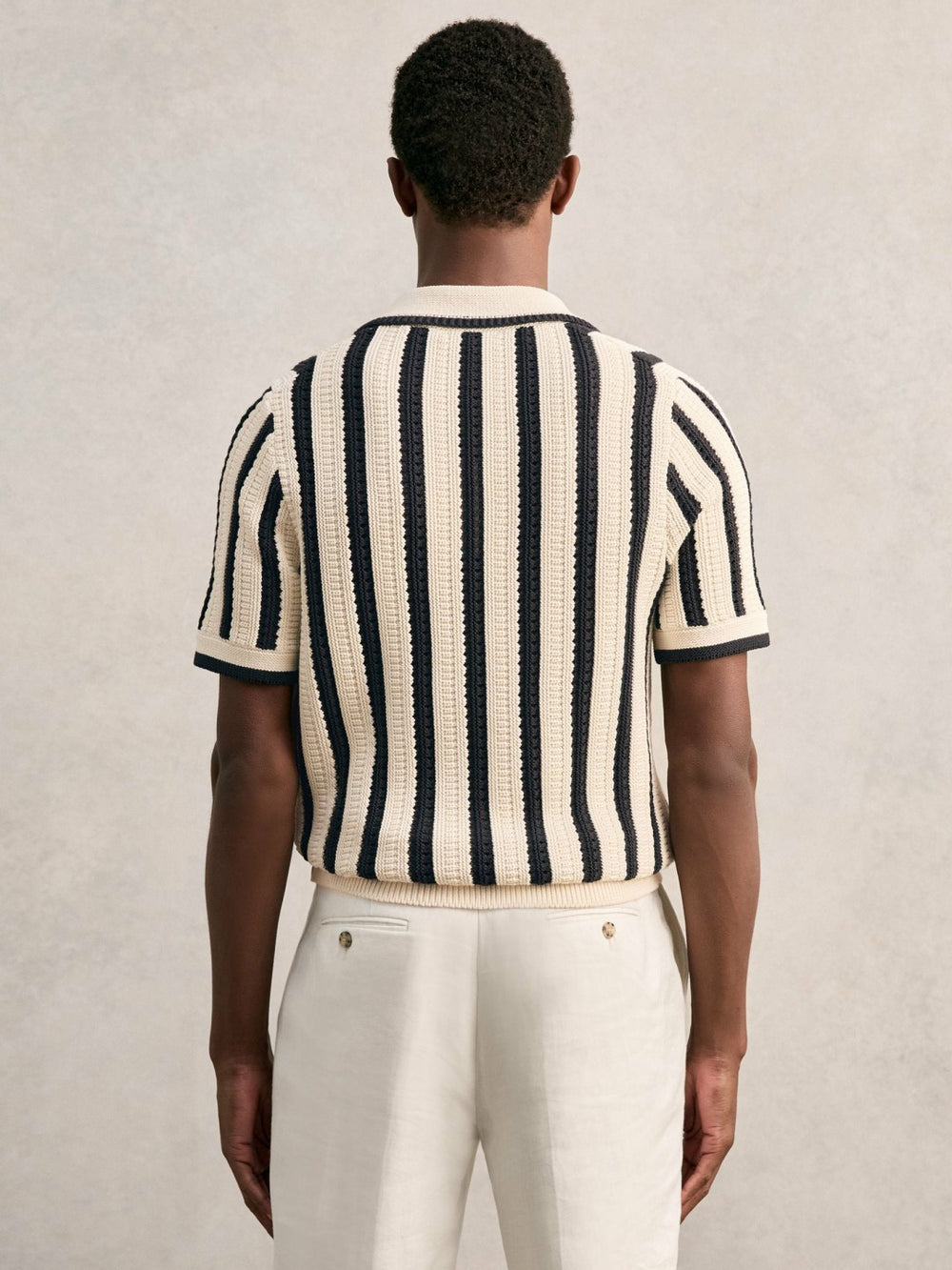 Reiss | Cotton Blend Stripe Knit Polo Shirt in Off White/Navy