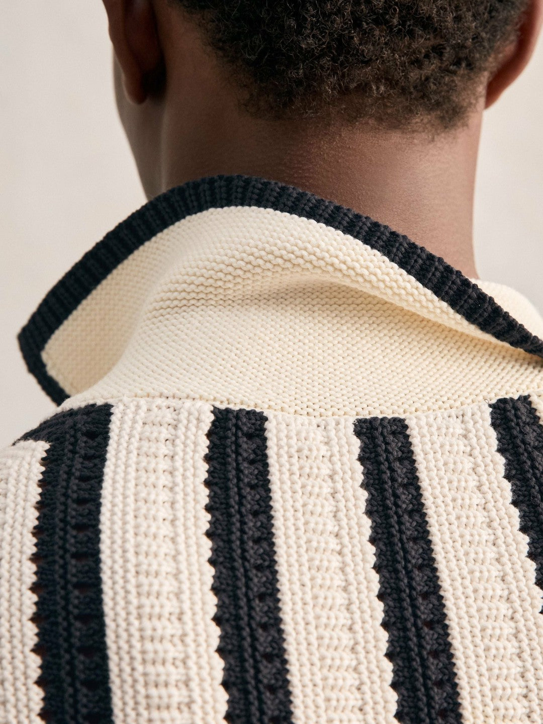 Reiss | Cotton Blend Stripe Knit Polo Shirt in Off White/Navy