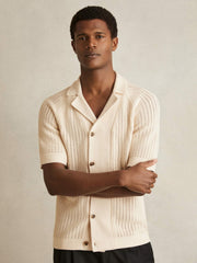 Reiss | Cotton Textured-Knit Cuban-Collar Shirt in Light Stone