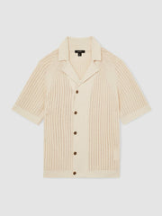 Reiss | Cotton Textured-Knit Cuban-Collar Shirt in Light Stone