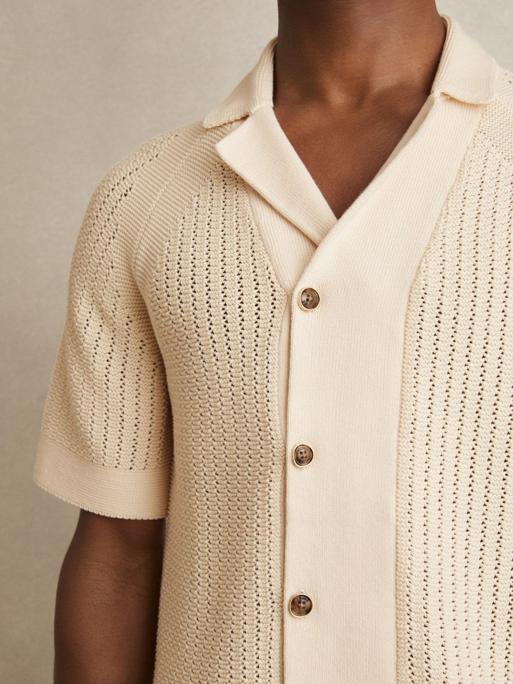 Reiss | Cotton Textured-Knit Cuban-Collar Shirt in Light Stone