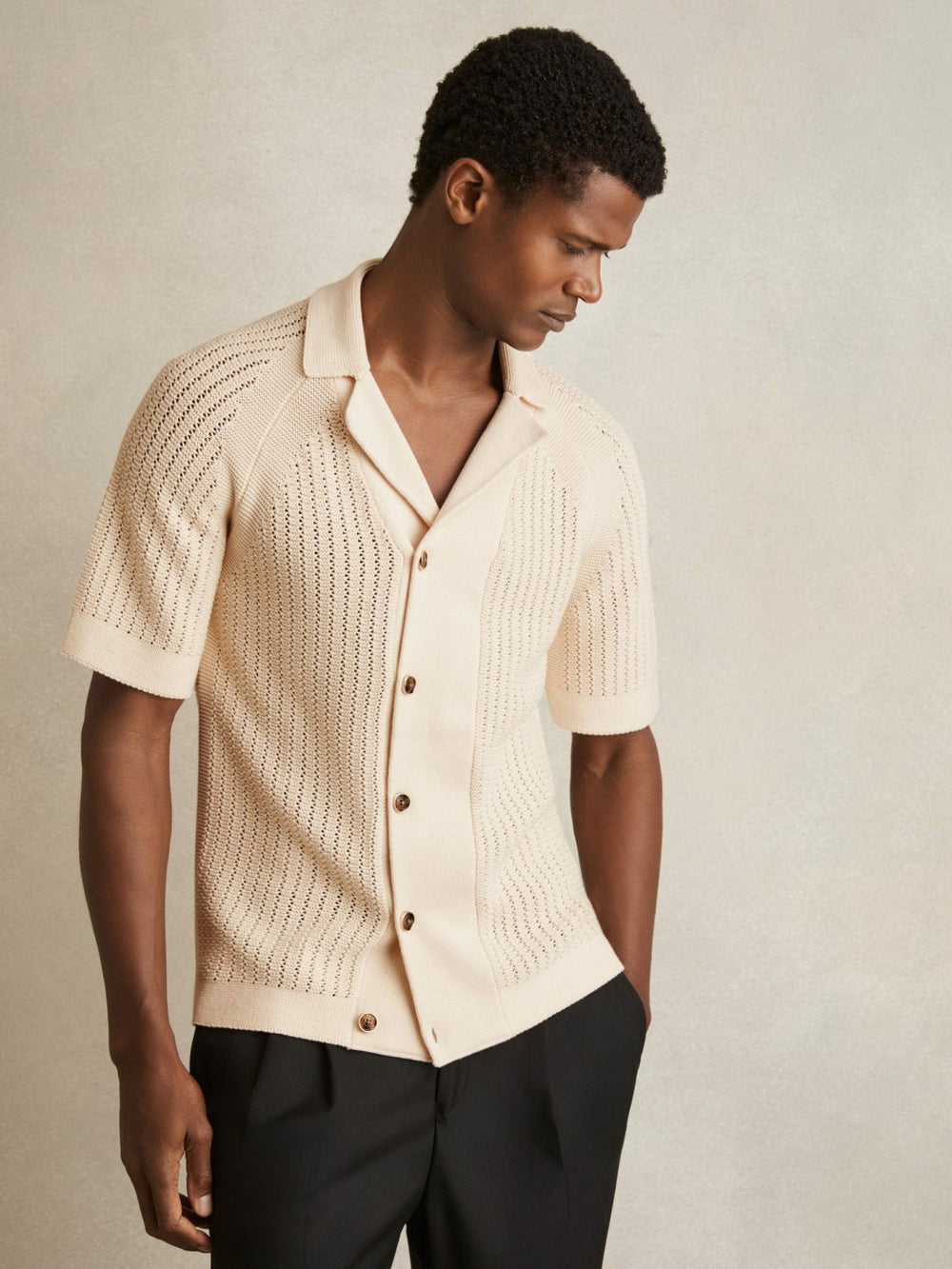 Reiss | Cotton Textured-Knit Cuban-Collar Shirt in Light Stone