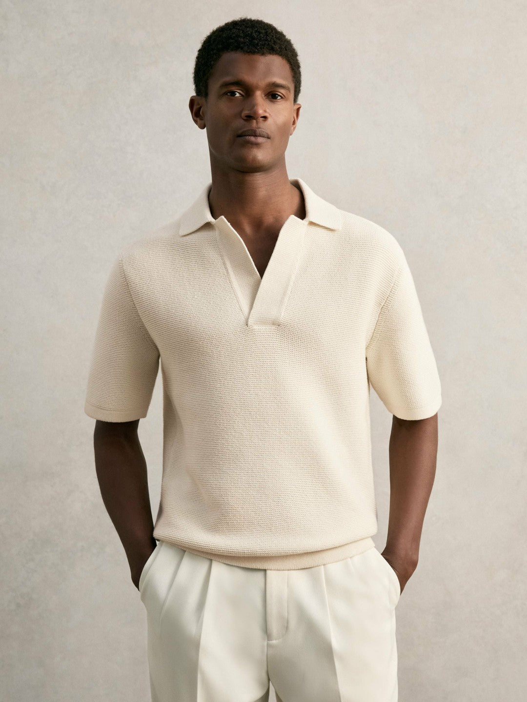Reiss | Oversize Textured Polo Shirt Cotton-Blend in Off White