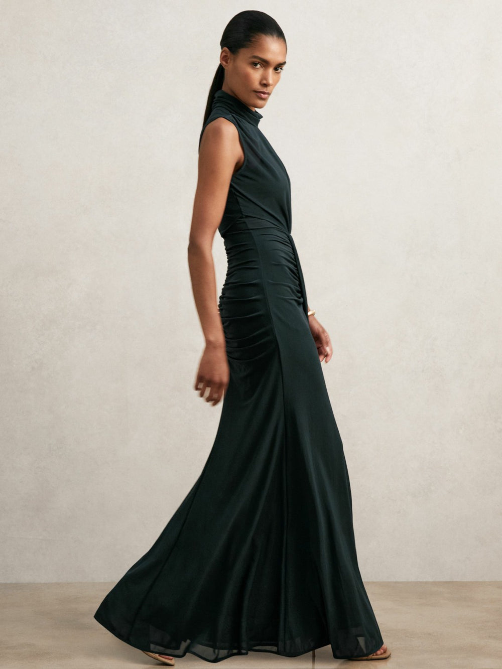 Reiss | Sheer Ruched Maxi Dress in Teal